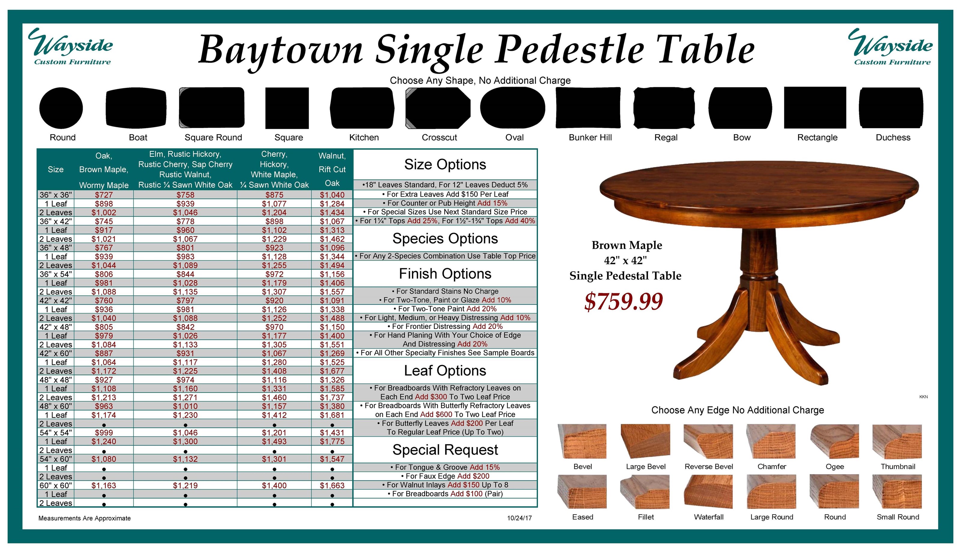 Wayside Custom Furniture Kountry Knob Baytown Single Pedestal Table Wayside Furniture Dining